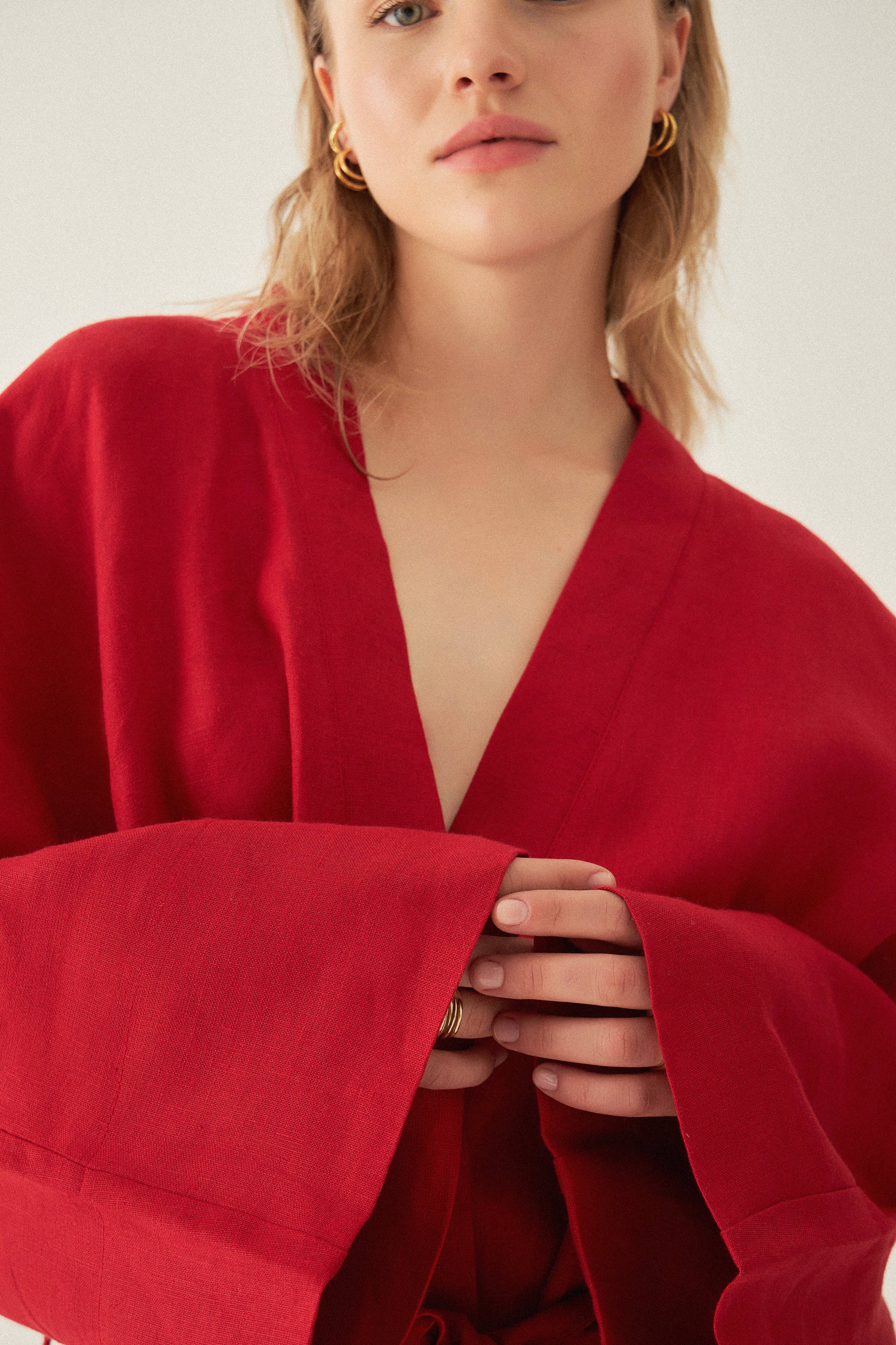 Le Cle – Kimono - Mulher por atacado – Kimono Riva em linho de corte amplo e comprimento curto8