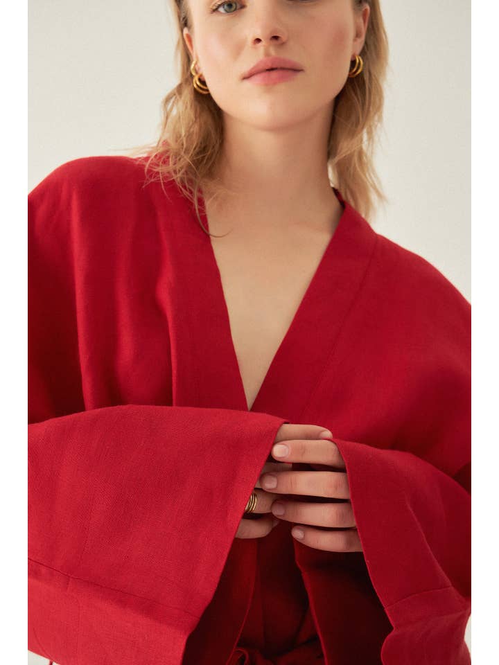 Le Cle – Kimono - Mulher por atacado – Kimono Riva em linho de corte amplo e comprimento curto8