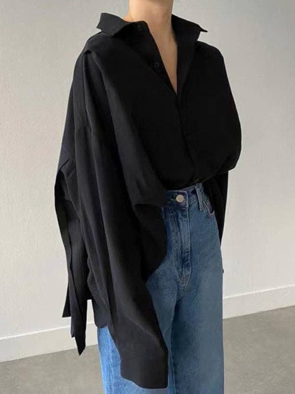 StyleGalX - Wholesale Button Down Shirt - Women's - Simple Long Sleeves Loose Buttoned Pleated Solid Color Lapel Collar Blouses&Shirts Tops1