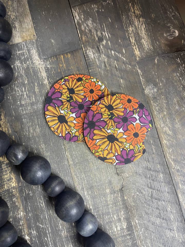 Purple Yellow & Orange Flowers Car Coasters for wholesale by Pink August