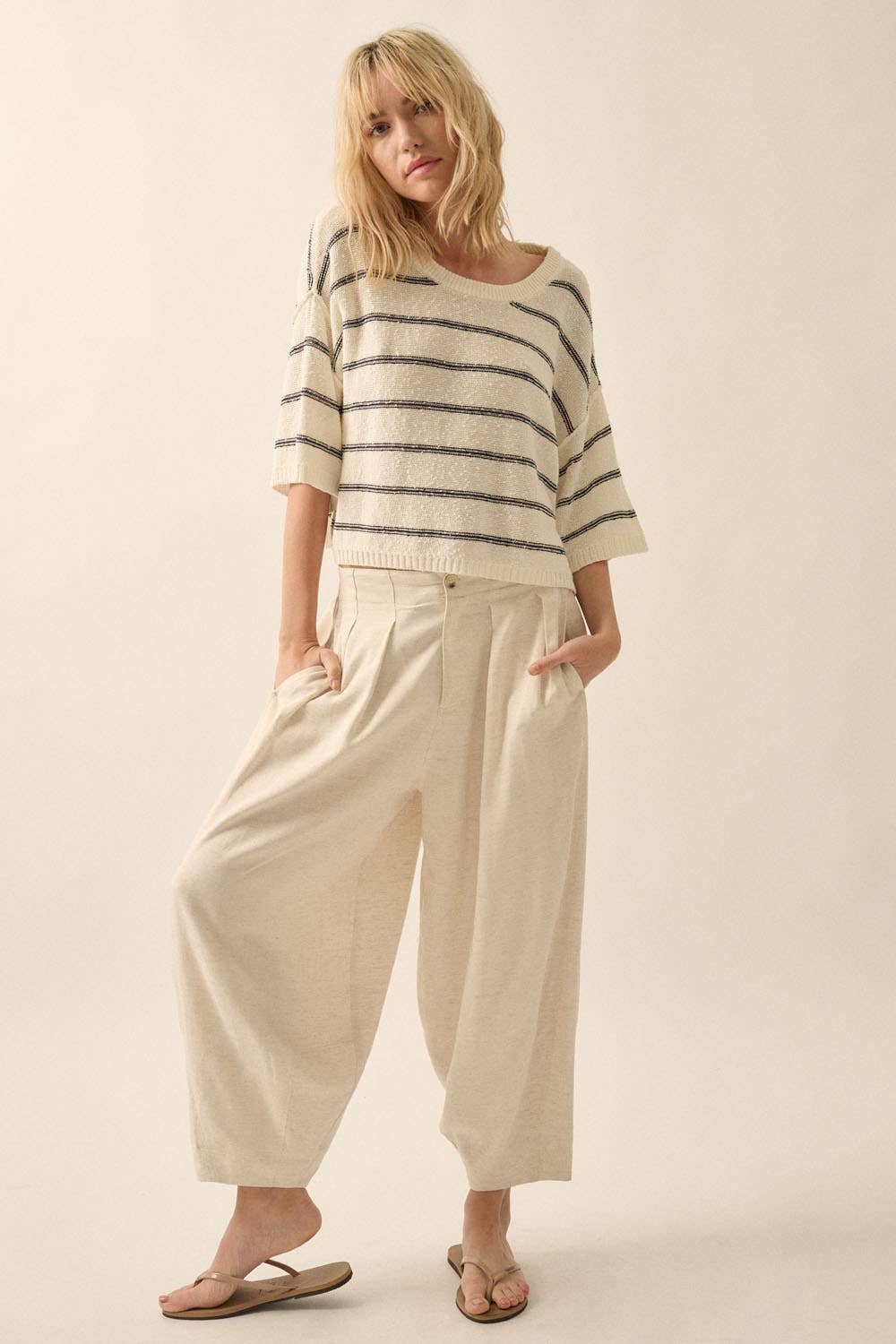 Promesa USA – Pulôver - Mulher por atacado – Suéter solto de malha listrada com decote em barco manga 3/421