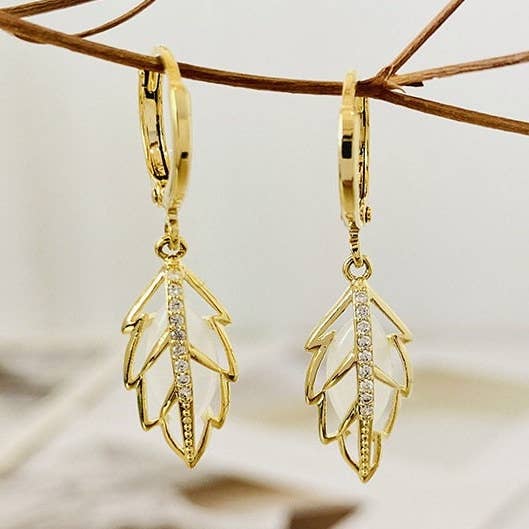 Gold leaf earrings, opal earrings, hollow design- cubic zirc for wholesale by MonsterS