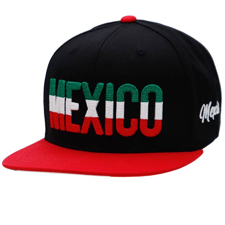 Cap Zone - Wholesale Flat Brim Cap - Unisex - Mexico Logo Chain Stitch Flag Under Bill Print Flat Snapback