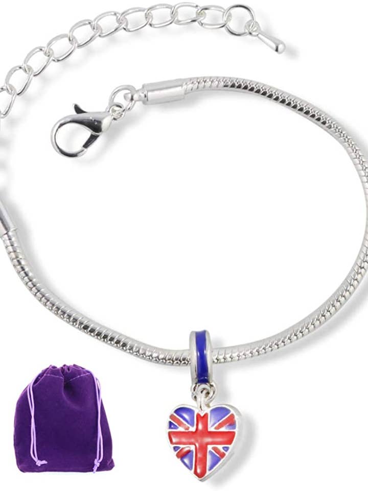 British Flag on Heart Snake Chain Charm Bracelet for wholesale by Dave The Bunny