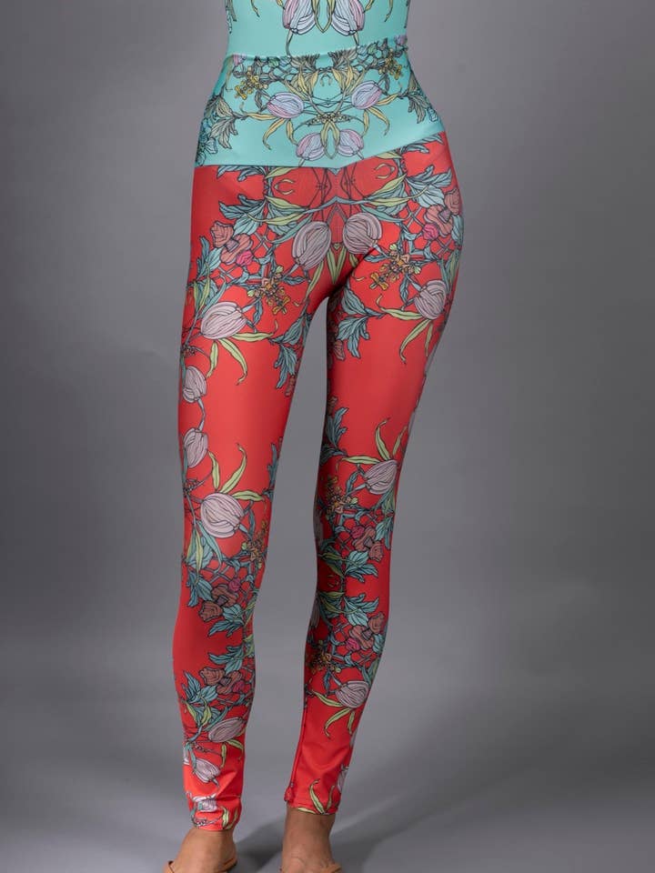 Krokus Rot & Aqua Abstrakte Botanische Leggings für den Großhandel von Nuvula