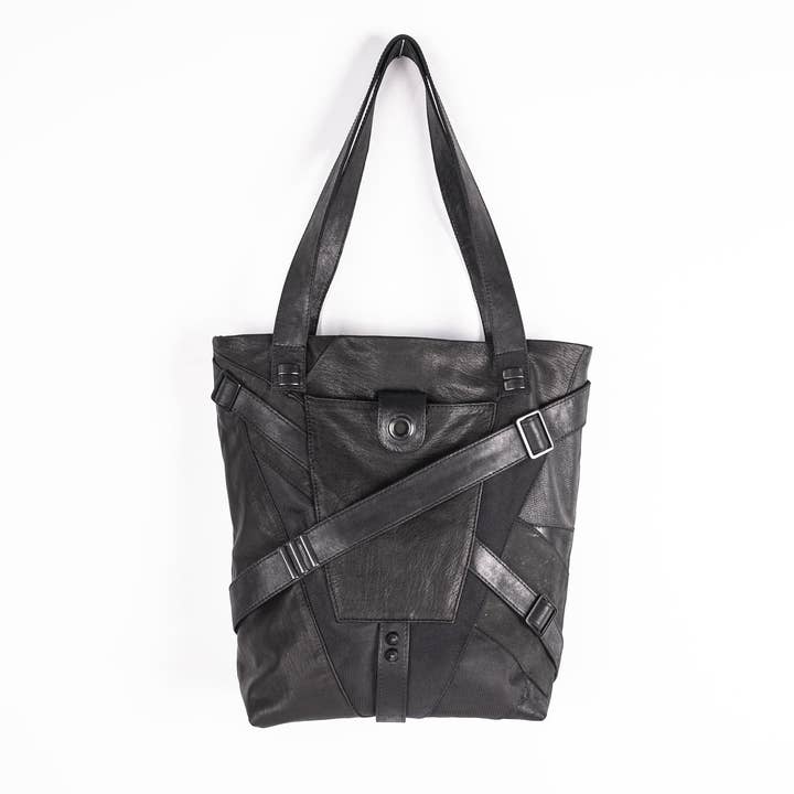 Sac cabas en cuir noir et toile EDGE LINE pour la vente par JUNGLE TRIBE