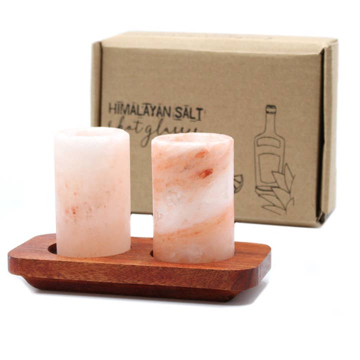 Set of 2 Himalayan Salt Shot Glasses & Wood Serving Tray for wholesale by Ancient Wisdom