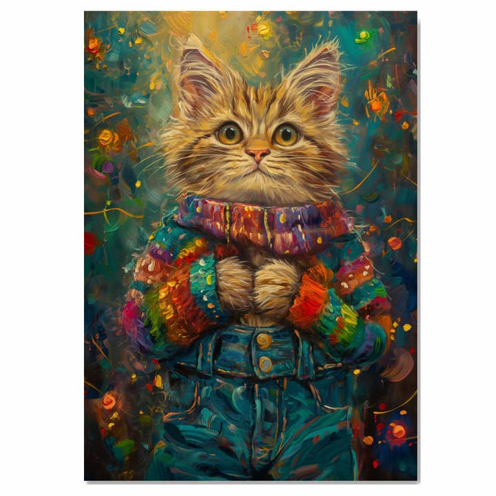 Chaton en Pull avec Nœud Toile Enroulée à Plat de Vacances pour la vente par Art Paradise Studios