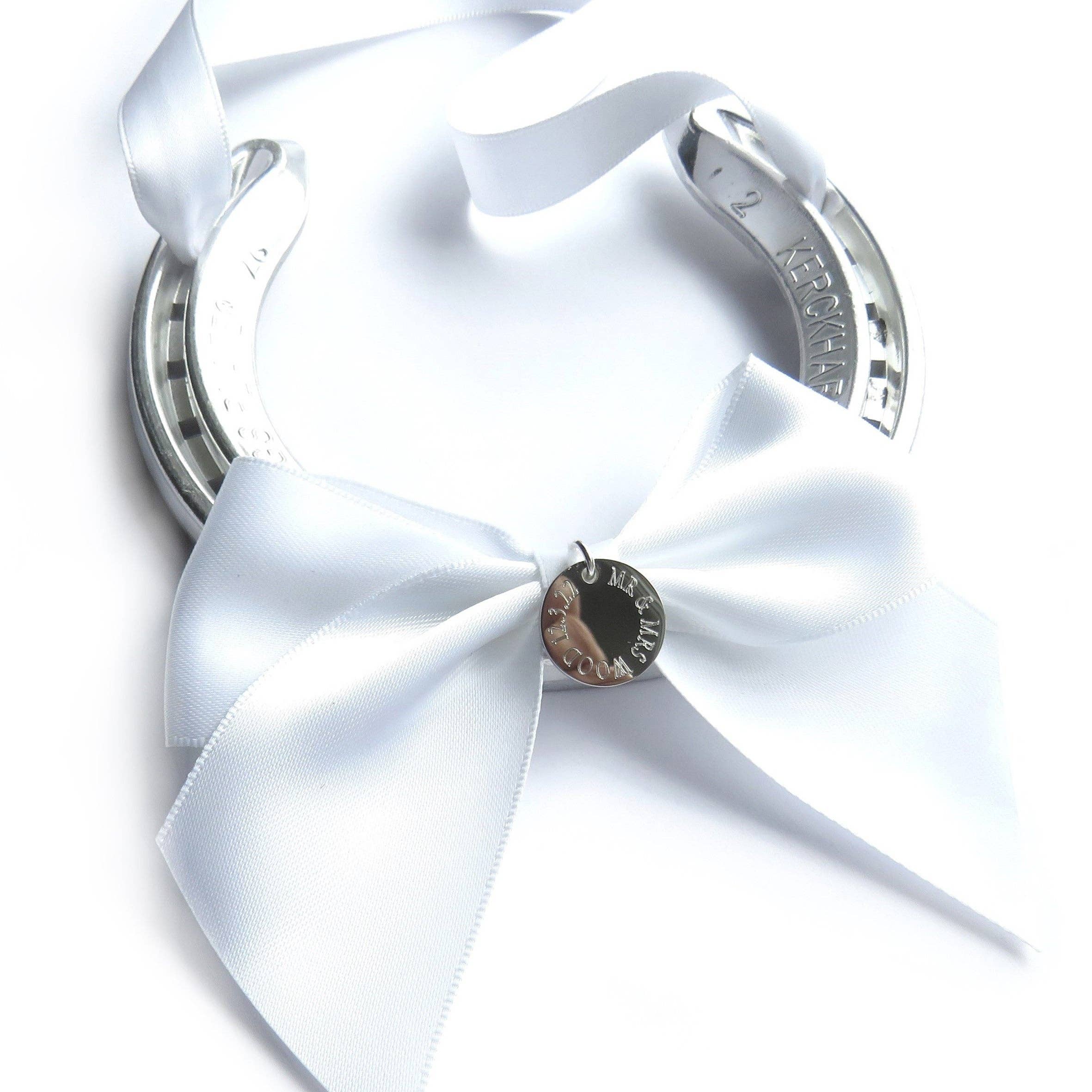 Aye Do Gifts - Wholesale Wedding Card - Personalised Wedding Horseshoe: Engraved Good Luck Charm, White Satin Ribbon0