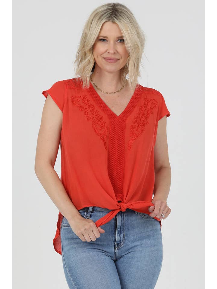 Nostalgia - Wholesale Blouse - Women's - N2U60-ASIS V NECK TIE WAIST TOP WTIH EMBROIDERY AND LACE