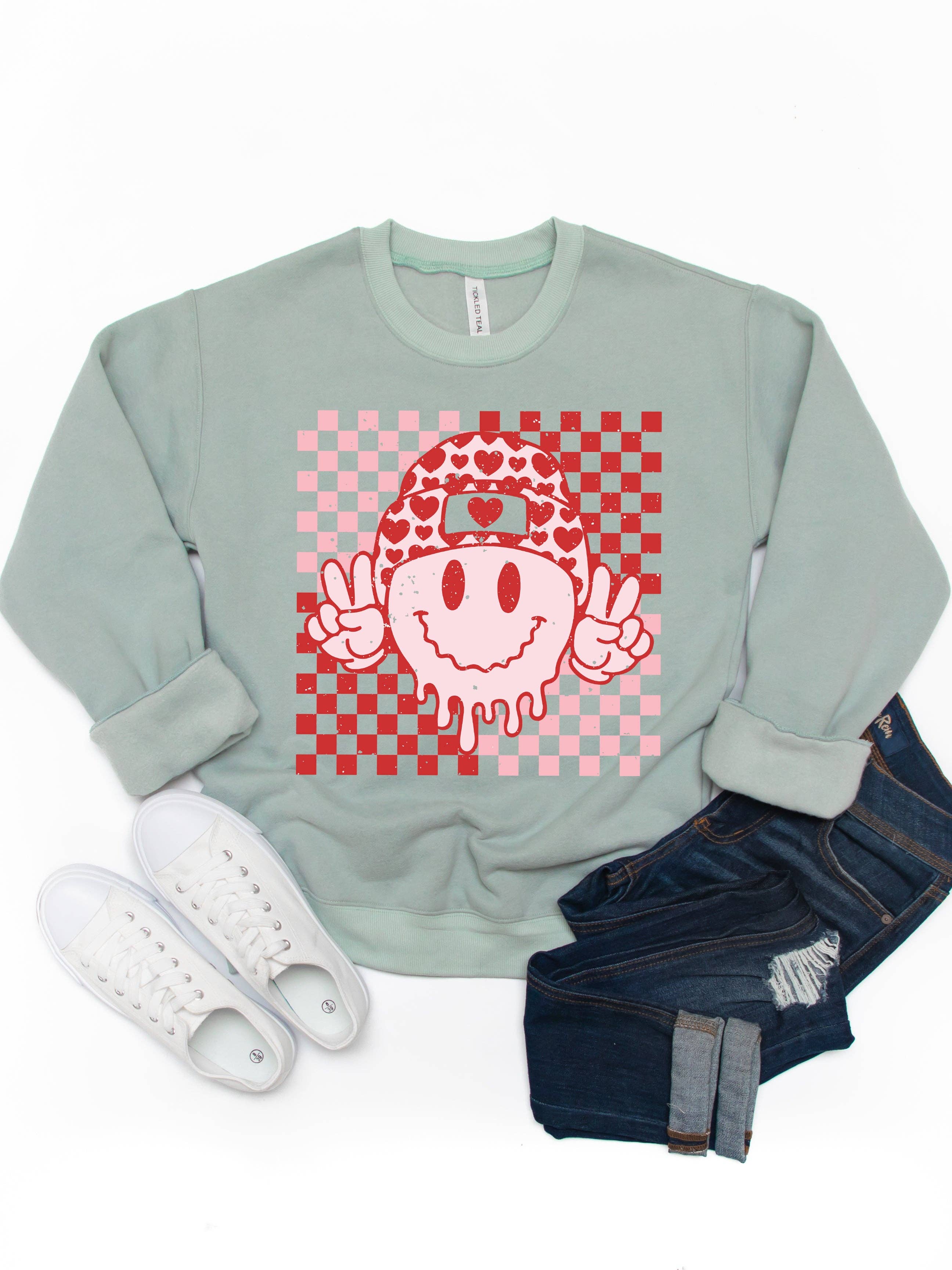 Tickled Teal – wholesale Graphic sweatshirt – Women’s – Checker Valentine Smiley Face Graphic Sweatshirt5