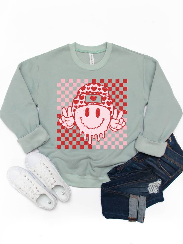 Tickled Teal – Großhandel Sweatshirt mit Grafikdruck – Damen – Checker Valentine Sweatshirt mit Smiley-Grafik4