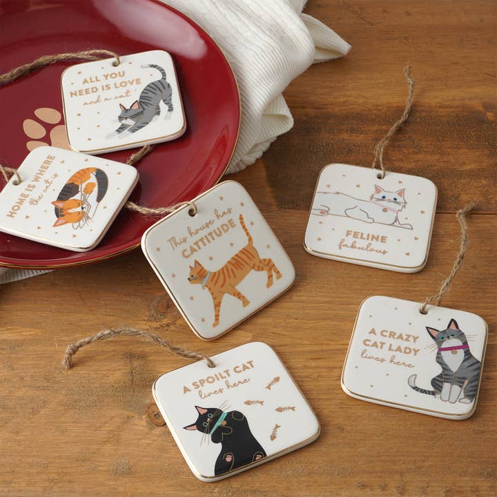 CGB Giftware - Wholesale Ornamentset - Cool Cat 6 verschillende keramische hangers in schaal1