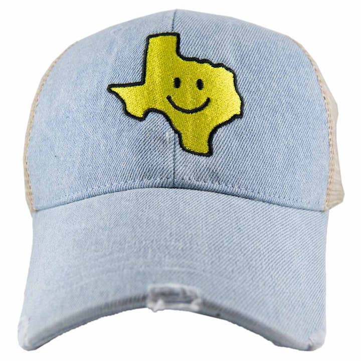 Texas formet denim glad ansigt Trucker Hat for engroshandel hos Katydid