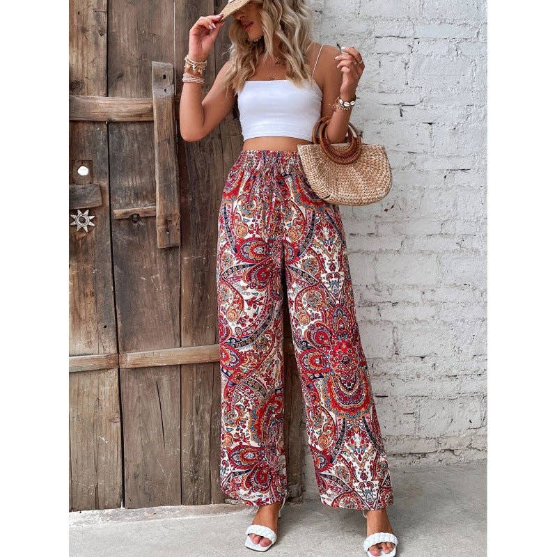 safistyle - Wholesale Pants - Women's - Printed Elastic Waist Wide-Leg Pants for Women0