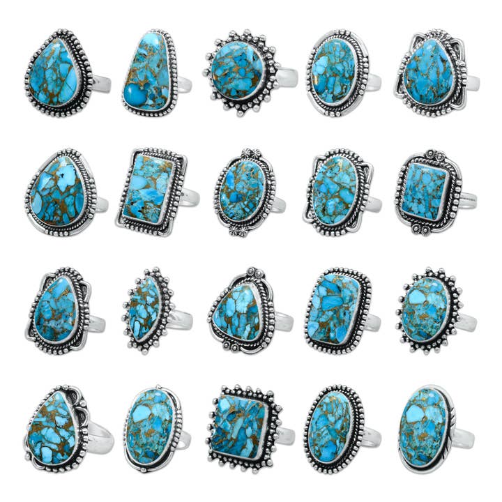 Blue Copper Turquoise Rings – Handmade, Silver-Plated, Boho (Made to Order) for wholesale by Handmade Jewels