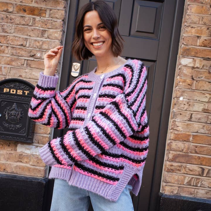 Cara & The Sky - Wholesale Cardigan - Women's - Bernice Stripe Cross Stitch Cardigan - Lilac23