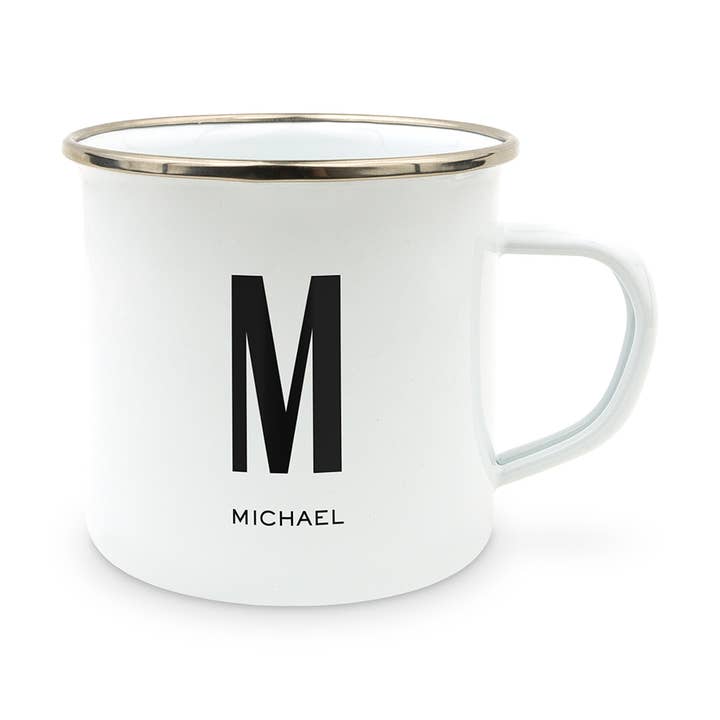 Personalized White Enamel SS Coffee Mug- Sans Serif Monogram for wholesale by Weddingstar Inc.