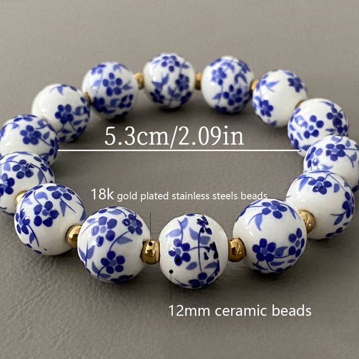 Vintage Blue and White Porcelain 18K Gold Beaded Bracelet for wholesale on Faire3