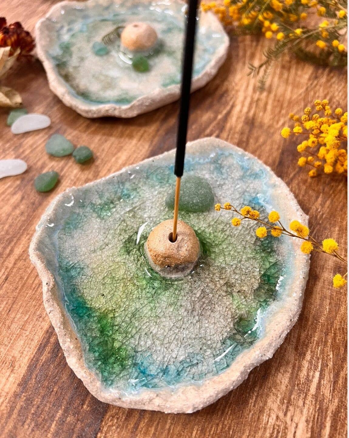 veronicaruizceramica – Engroshandel Røgelsesholder – Turkis røgelsesbrænder med genbrugt strandglas3