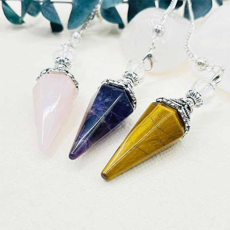 GemMeet - Vente Pierre et cristal de spiritualité - Pendule à esprit hexagonal pyramidal en forme d'œil de tigre en améthyste16