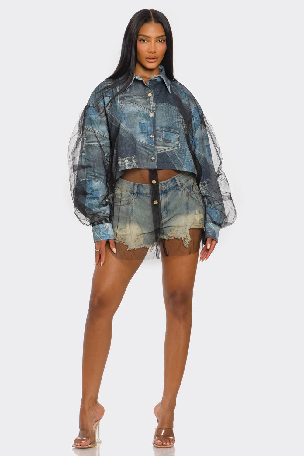 Athina Collection - Wholesale Overhemd met knopen - Dames - Denim Mesh Illusie Oversized Shirt1