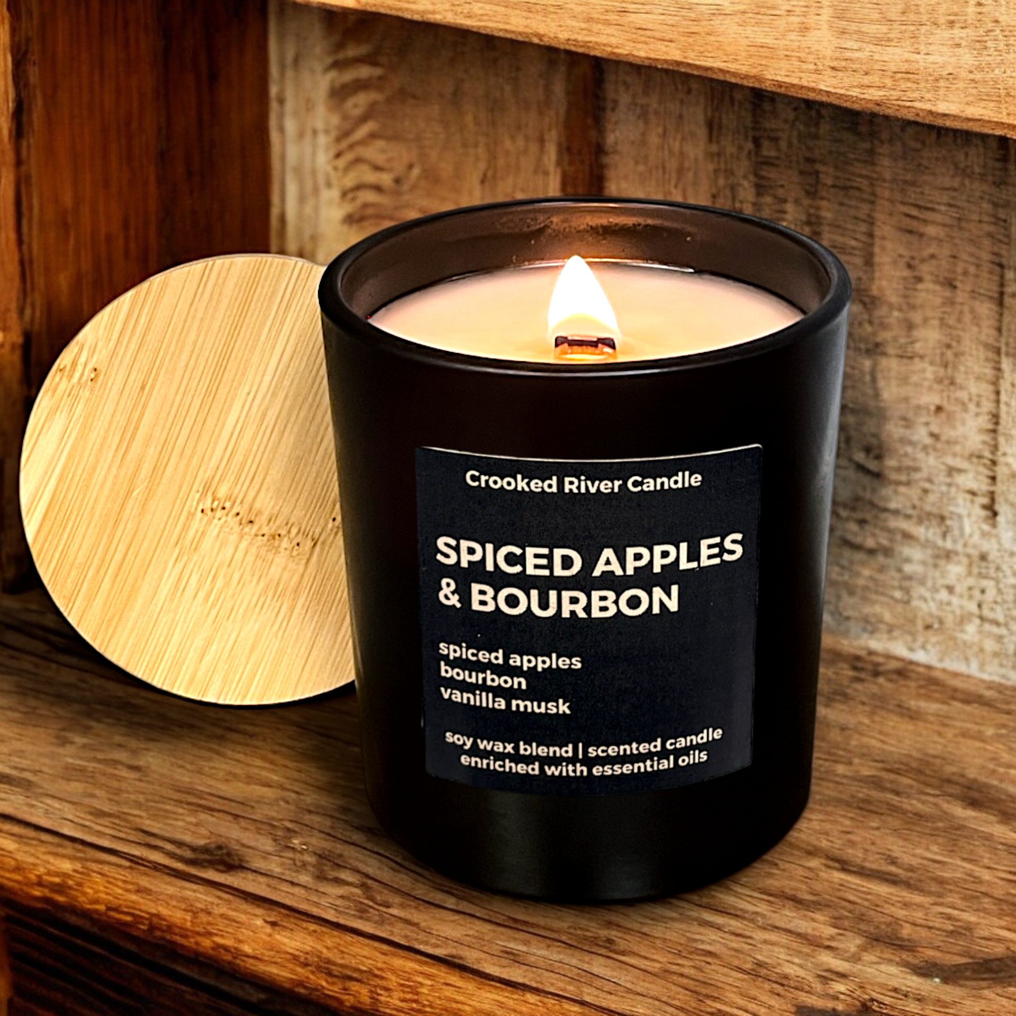 Crooked River Candle - Wholesale Jar/Filled Candle - Spiced Apples & Bourbon Candle- Matte Black Jar- Bamboo Lid0