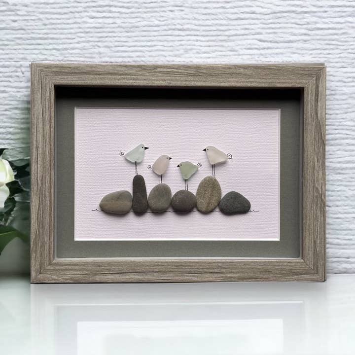 Four Sea Glass Birds on Rocks Family Picture for wholesale by Driftsea Creations