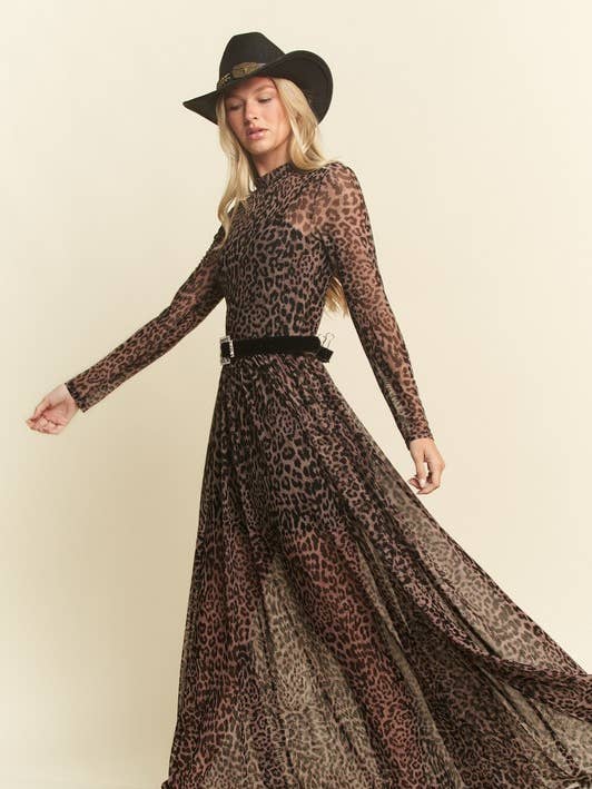 Black LONG SLEEVE MOCK NECK ANIMAL PRINT MESH MAXI DRESS KRD4340-4 for wholesale on Faire