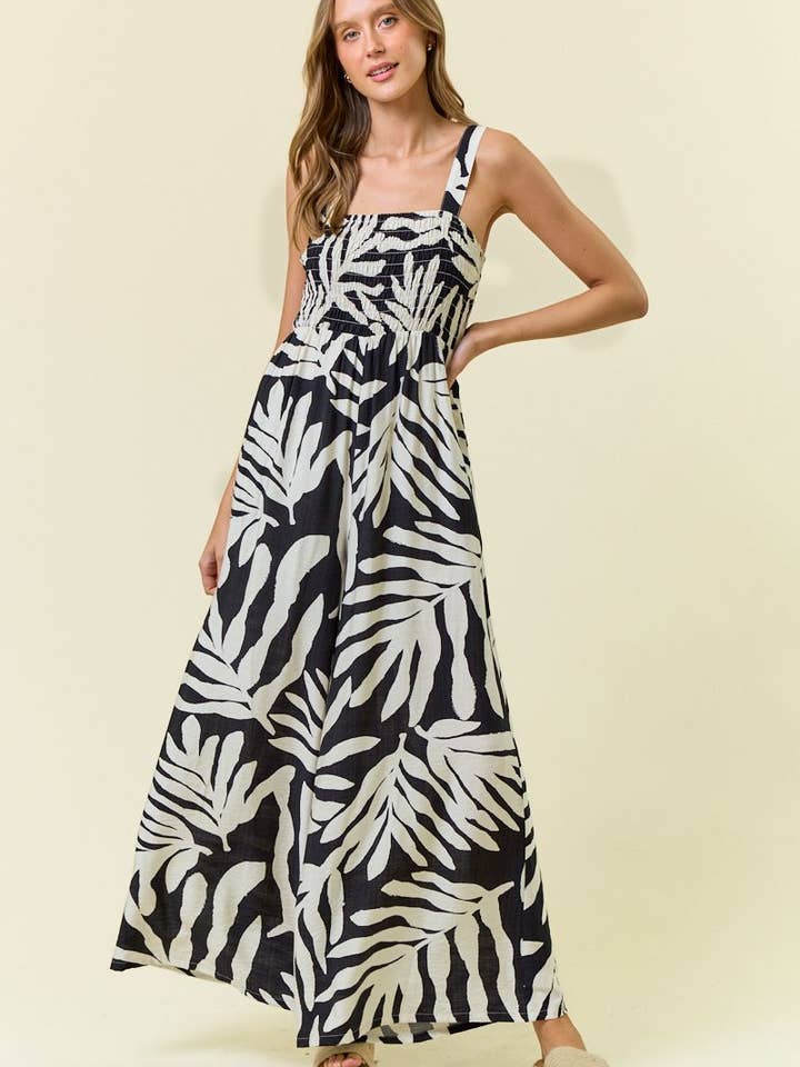 Floral Smocked Bodice Wide-Leg Jumpsuit - 27773R-1 for wholesale by Doe and Rae