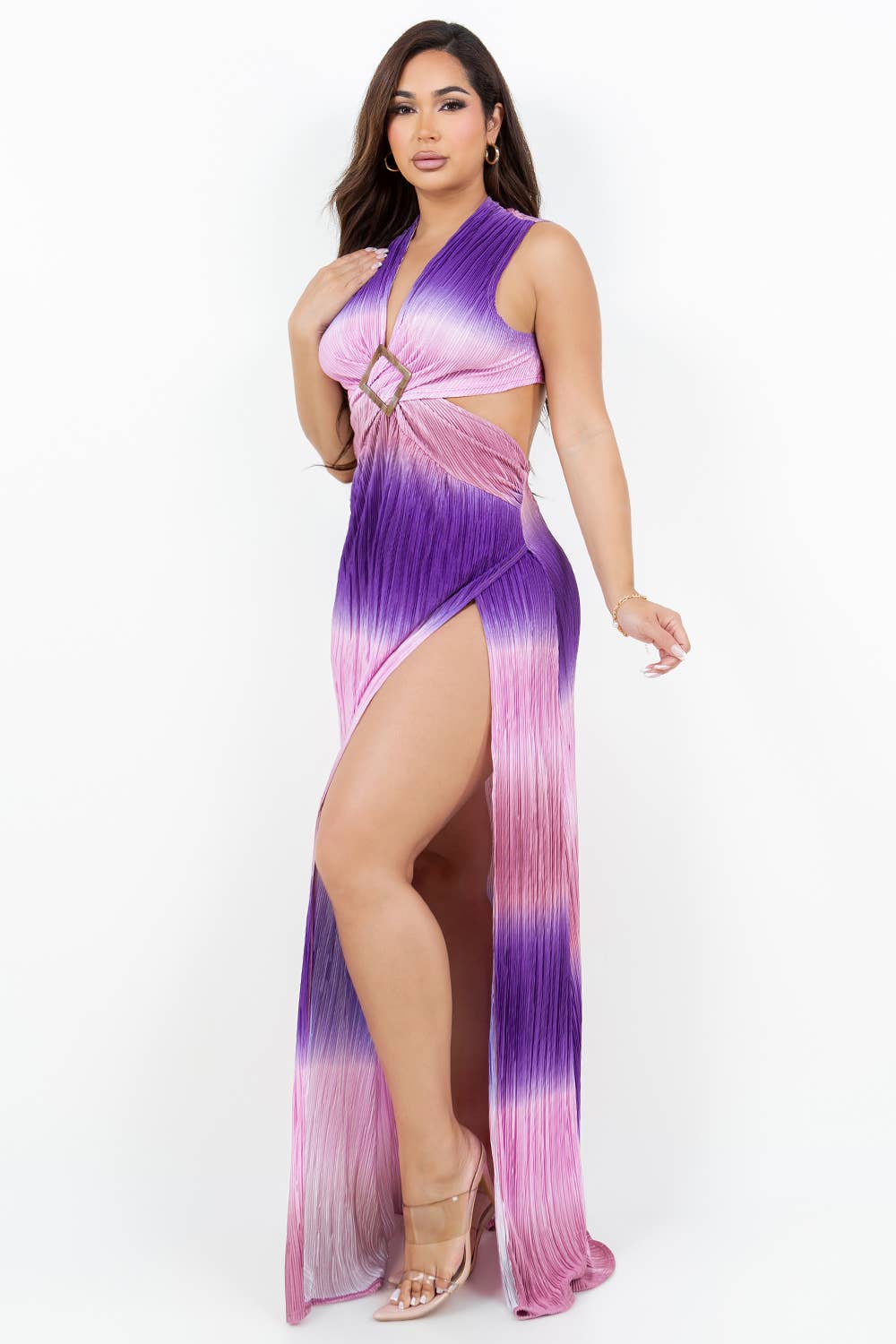 PURPLE D13939 Slit Ombre Trim Maxi Dress for wholesale on Faire3