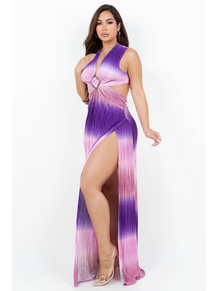 PURPLE D13939 Slit Ombre Trim Maxi Dress for wholesale on Faire3