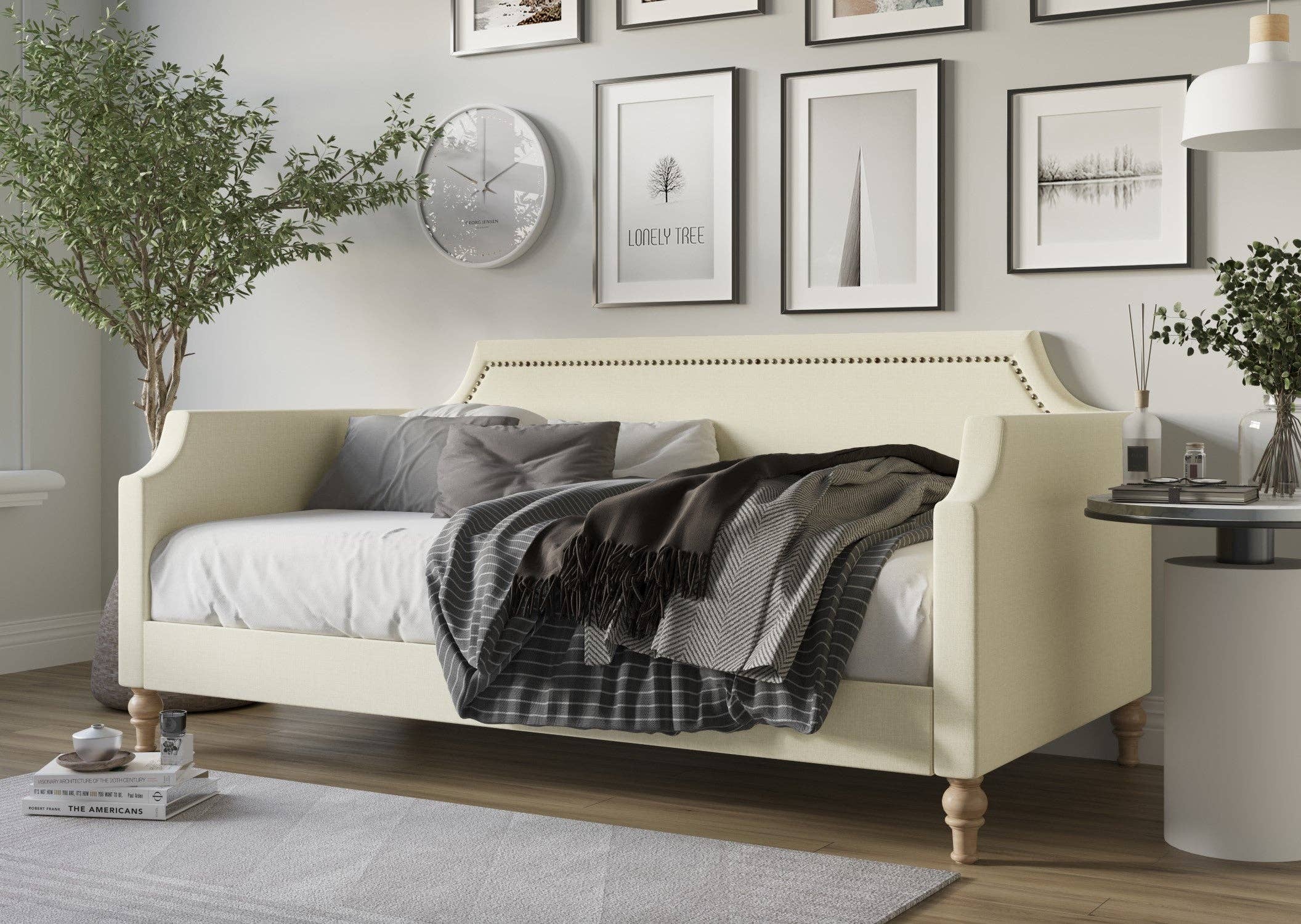 Home Design - Wholesale Day Bed - Pita Upholstered Twin Daybed with Nailhead Trim and Scooped Silhouette, Gray – Adult Living Room, Guest Room, or Bedroom, Easy Assembly0