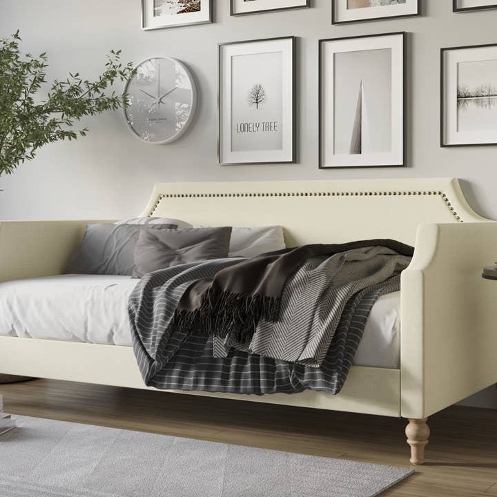Home Design - Wholesale Day Bed - Pita Upholstered Twin Daybed with Nailhead Trim and Scooped Silhouette, Gray – Adult Living Room, Guest Room, or Bedroom, Easy Assembly