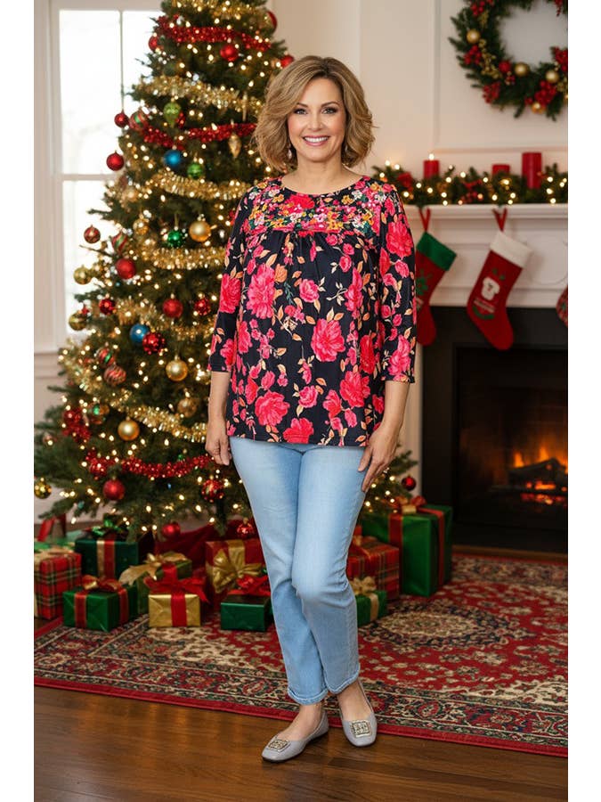 luluclothes - Wholesale Tunic - Women's - Floral embroidery & floral 3/4 sleeves women top XCH16339