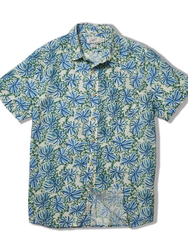 Bambus-Dobby-Hemd mit Blumenmuster und kurzen Ärmeln - Blaugrün Floral für den Großhandel von Grayers