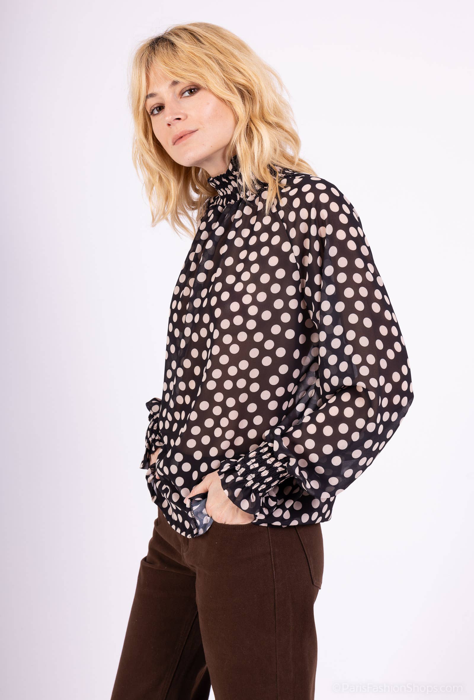 L'Emotion - Wholesale Blouse - Women's - High Collar Blouse with Smocked Cuffs and Patterned Chiffon5