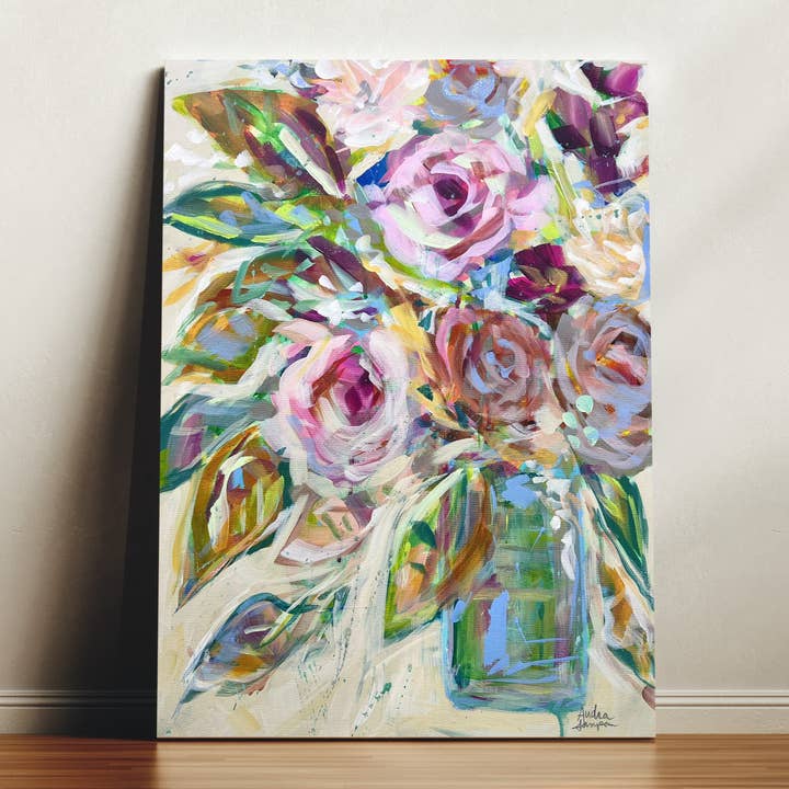 Impression sur toile florale lavande violette atténuée - Peinture d'art de bouquet de fleurs pour la vente par Audra Style