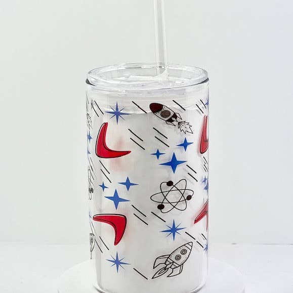 Astro Bettie – Großhandel Trinkglas/Tasse – MCM Blast Off Glas mit Trinkdeckel und Strohhalm