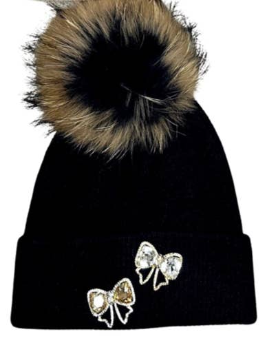 Winterskimuts van kasjmiermix met Crystal Bows-Fox Pom voor wholesale door Suzy T Designs