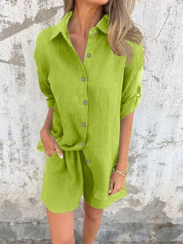 HIDDENBRAND - Wholesale Top & Short Set (NOT Loungewear) - Women's - Chic Effortless Button-Down Shirt & Shorts Set