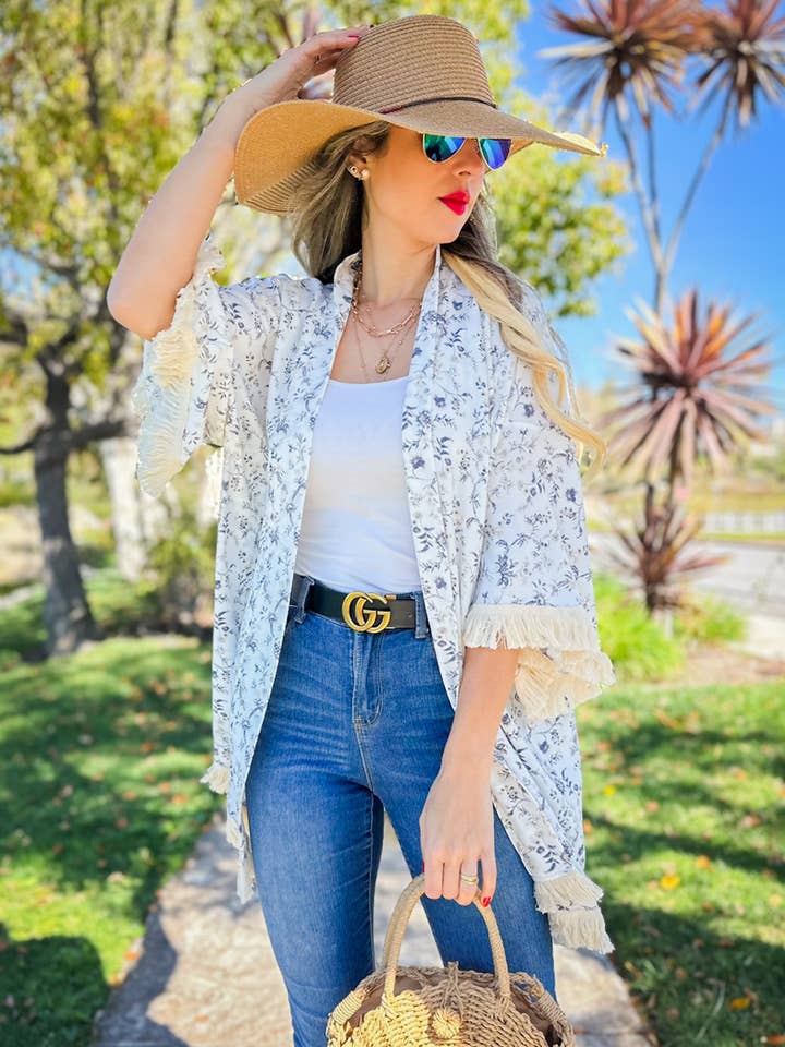 Ivory Boho Floral Printed Kimono with Fringe Trim for wholesale on Faire4