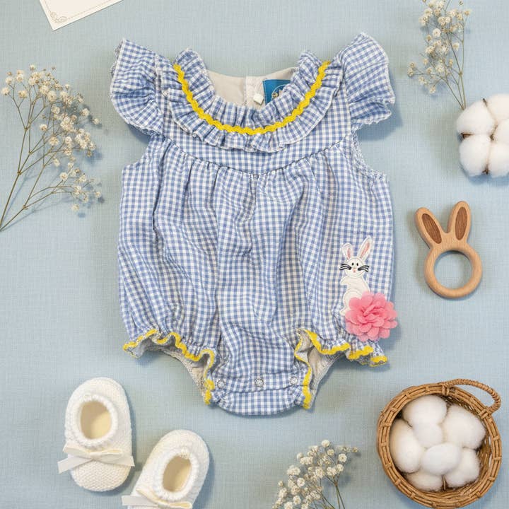 Blue gingham bubble romper for wholesale by Bow Beau Poppy