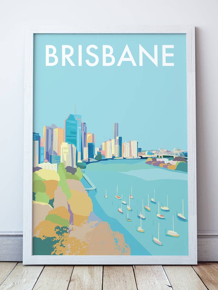 Brisbane City Illustrated Travel Print for wholesale by Seascape Prints