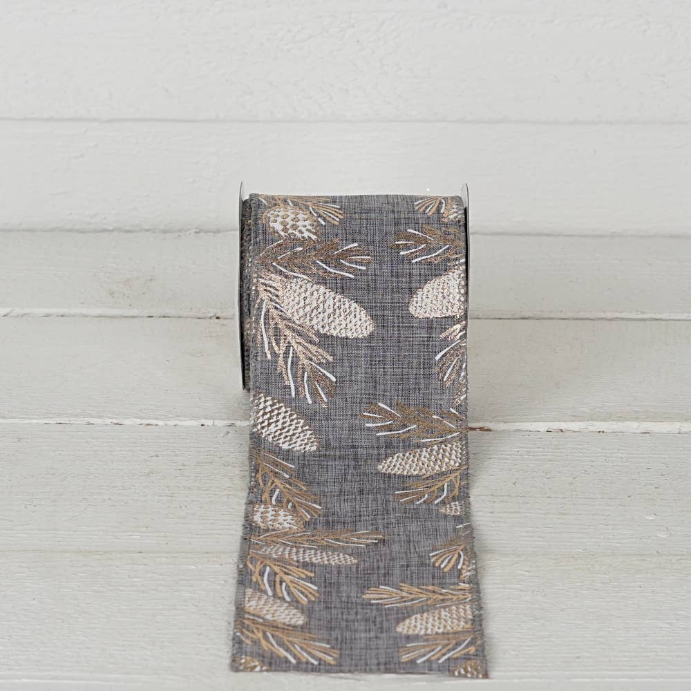 Holiday Depot Inc. - Wholesale Ribbon - Gift Wrapping - R32967-Wired Ribbon-Gray Burlap w. golden pinecones (4inW)2