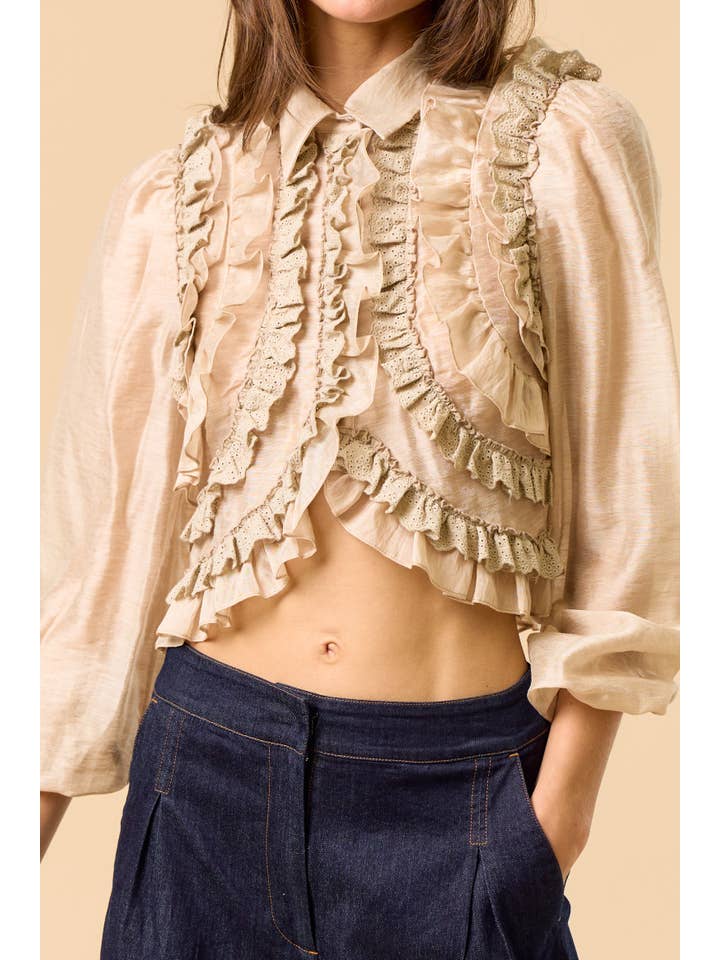 TAN ILT6275 Ruffled Button-Down Cropped Blouse for wholesale on Faire