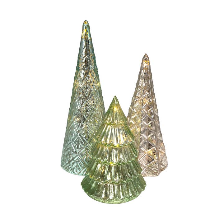 Battery Operated Green & Silver Trees - Set of 3 for wholesale by LumaBase
