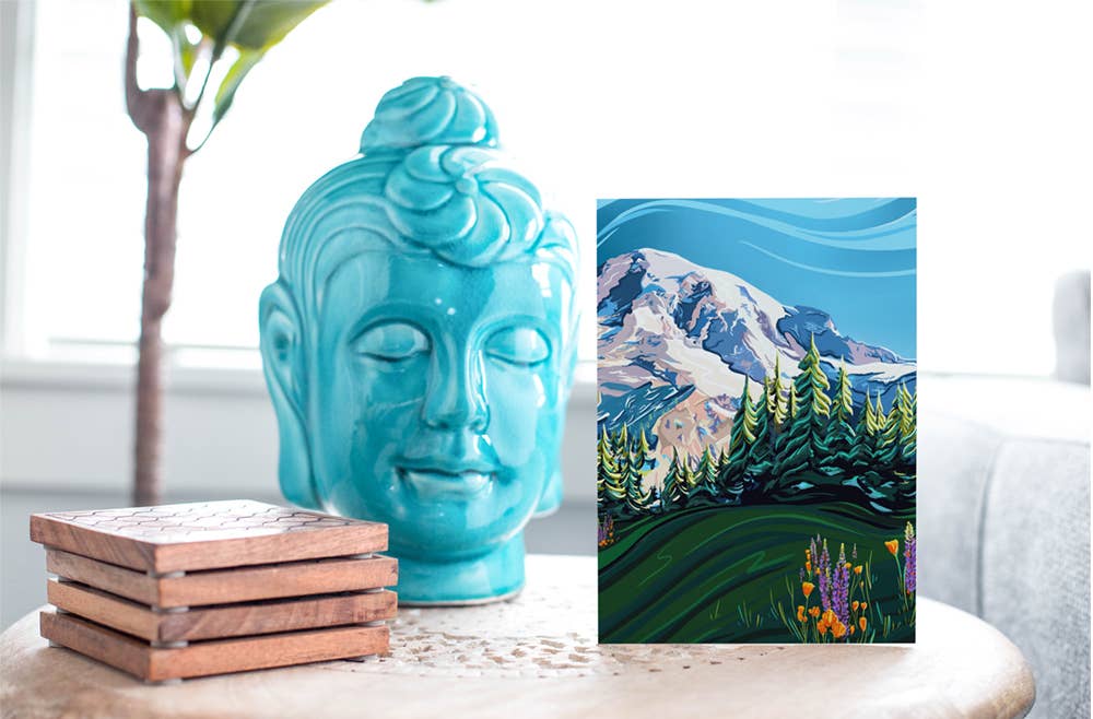 Linda Sholberg Art – Engroshandel Hverdagshilsen kort – Mount Rainier og Wildflowers lykønskningskort (5x7/A7)3