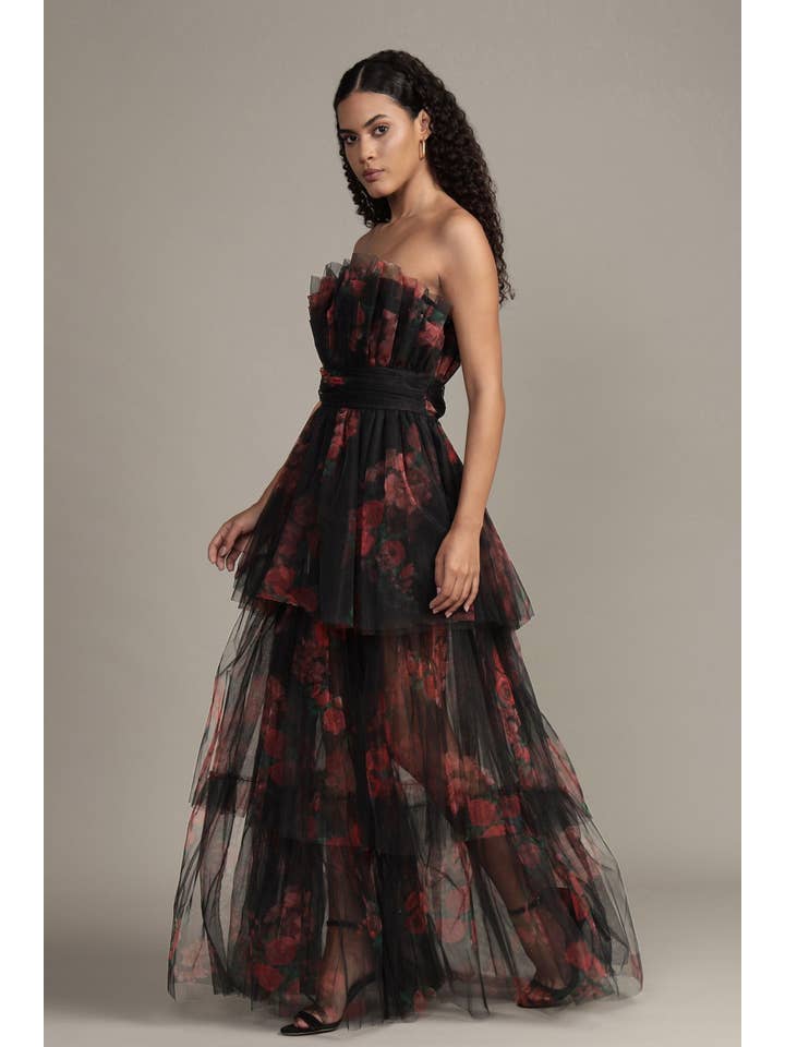 Natalia Tulle Maxi Dress in Black and Red Floral for wholesale on Faire