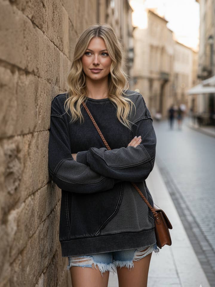 MINERAL WASH FRENCH TERRY VINTAGE PATCH TOP for wholesale by Sewn and Seen